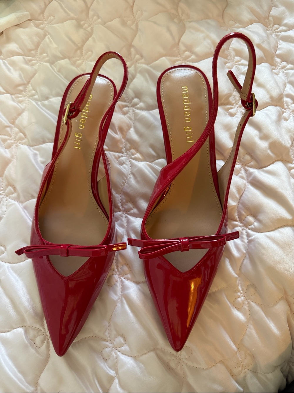 Madden Girl Red Patent Pointed-Toe Slingback Heels with Bow